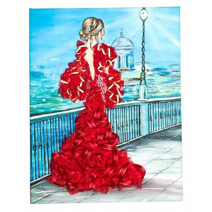 Волшебная мастерская Мозаика из пайеток на холсте Девушка в красном лента ламинированная tze 441 18 мм на красном фоне 8 м