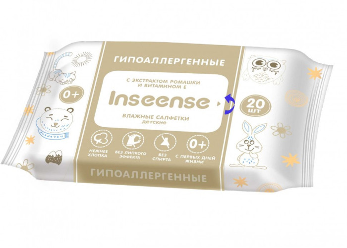  Inseense Салфетки влажные для детей с экстрактом ромашки и витамином Е 20 шт.