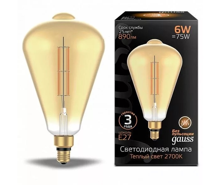 

Светильник Gauss Лампа Filament LED golden straight Е27 ST164 6W 890lm 2700К, Лампа Filament LED golden straight Е27 ST164 6W 890lm 2700К