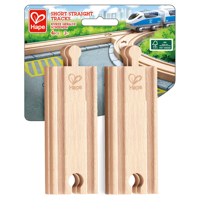 Hape Элементы игрушечной железной дороги - Прямые короткие рельсы (4 предмета) hape игровой стол для железной дороги с коробкой для хранения