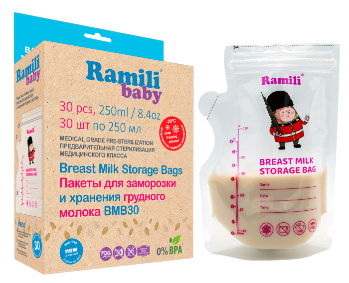 Контейнеры Ramili Пакеты для хранения и заморозки грудного молока 250 мл 30 шт. fairhaven health пакеты для хранения грудного молока 50 пакетов для хранения