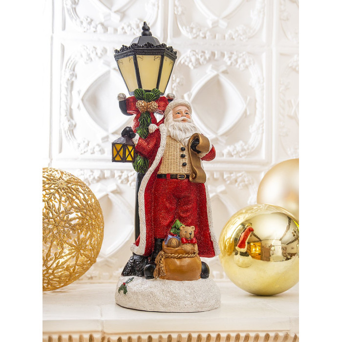  Лючия Фигурка декоративная Дед Мороз под фонарем со светодиодной подсветкой