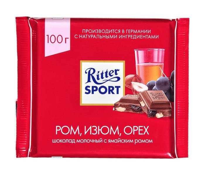 Ritter Sport Шоколад молочный с ямайским ромом, изюмом и фундуком 100 г ...