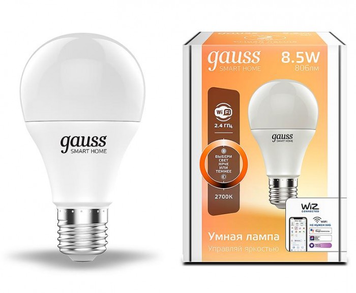 

Светильник Gauss Лампа Светодиодная Smart Home DIM E27 A60 8.5 Вт 2700К, Лампа Светодиодная Smart Home DIM E27 A60 8.5 Вт 2700К
