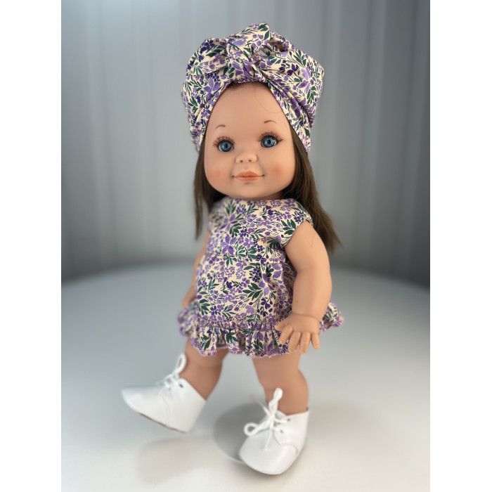 фото Tukitu комплект одежды для кукол и пупсов платье лиловые цветочки бант на голову