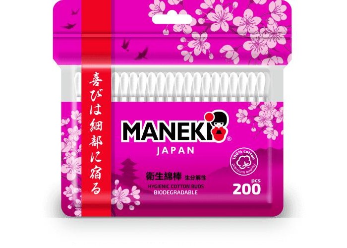  Maneki Палочки ватные гигиенические Sakura с белым бумажным стиком в zip-пакете 200 шт.