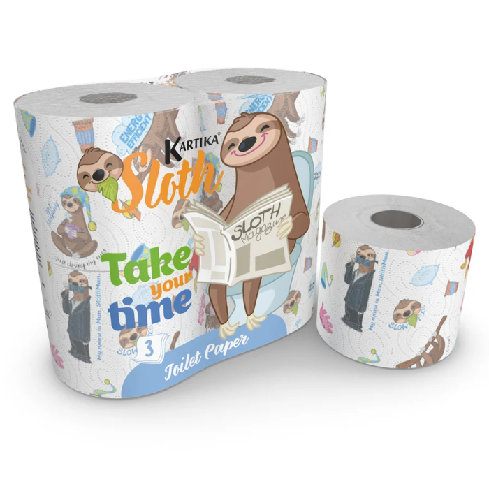  World Cart Туалетная бумага с рисунком Ленивец Kartika Collection 3 слоя 280 листов 4 рулона