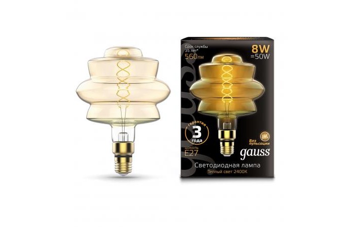 

Светильник Gauss Лампа Vintage Filament Flexible LED BD180 8W 560lm E27 2400K, Лампа Vintage Filament Flexible LED BD180 8W 560lm E27 2400K