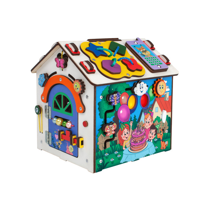 фото Деревянная игрушка iwoodplay бизиборд домик со светом happy birthday 21x22x26 см