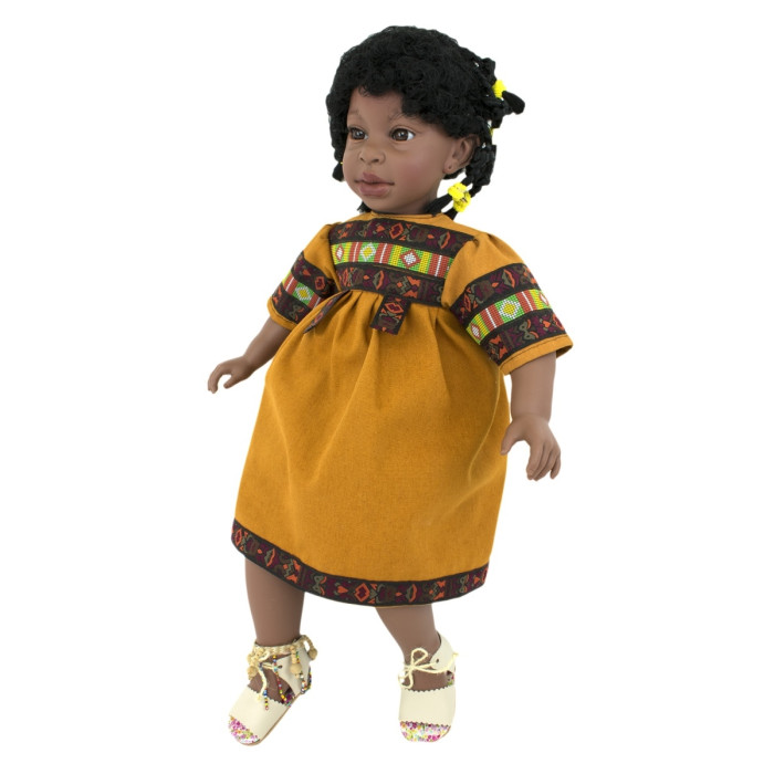 Lamagik S.L. Кукла Алика чернокожая в горчичном платье с орнаментом 60 см