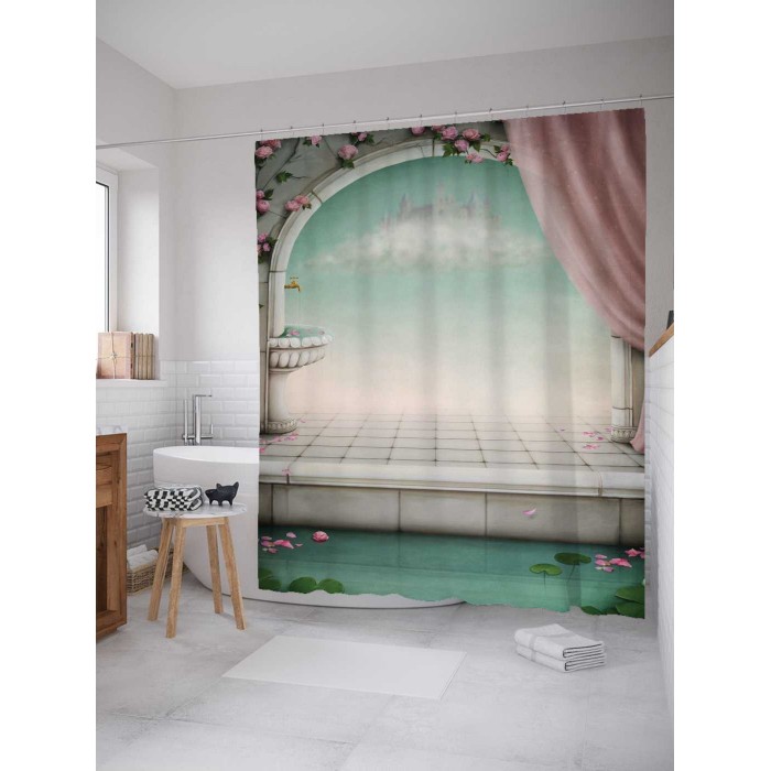 Шторы для ванны JoyArty Штора-занавеска для ванной из сатена с крючками Цветочный дворец 200х180 см