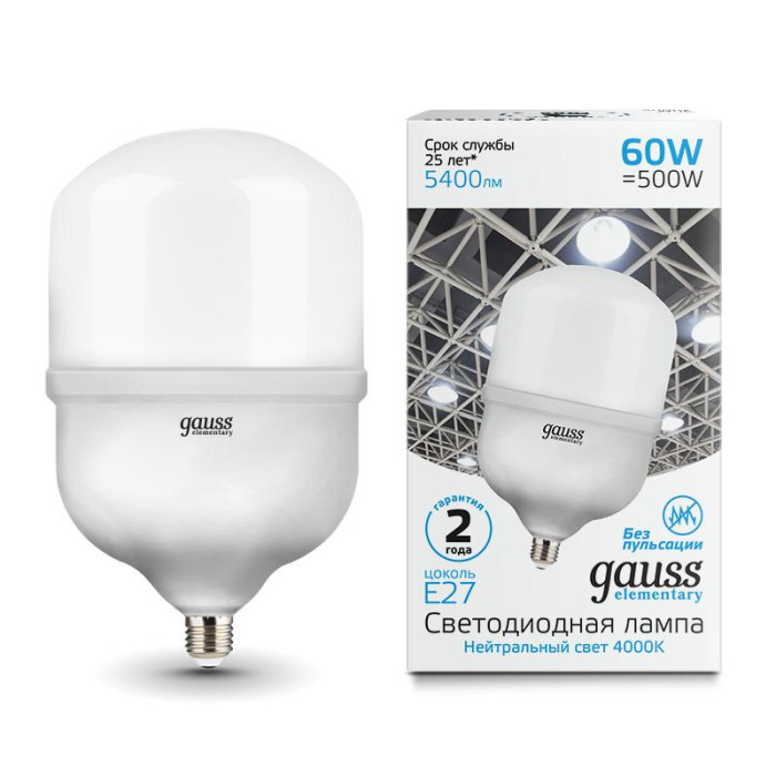 

Светильник Gauss Лампа Elementary T160 60W 5400lm 4000K E27 LED, Лампа Elementary T160 60W 5400lm 4000K E27 LED