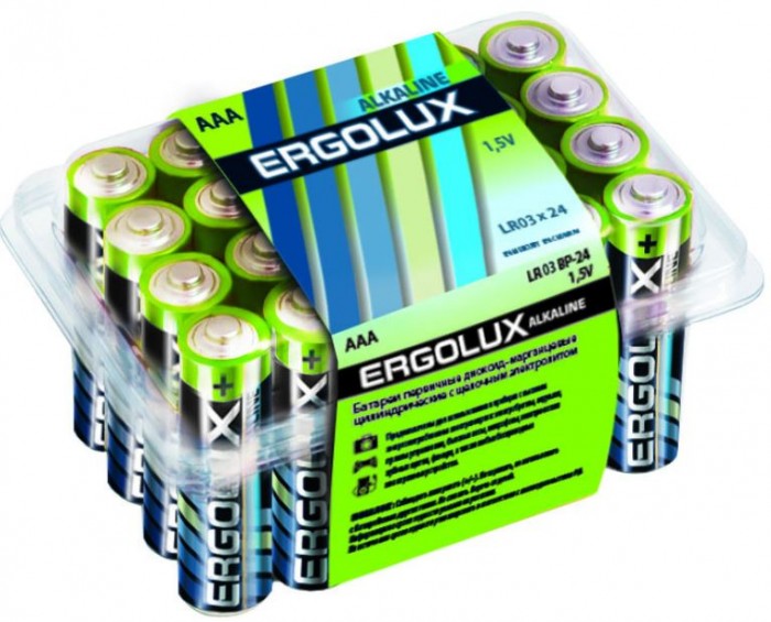 Ergolux Батарейка Alkaline LR03 BP-24 (ААА - LR03, 1.5В) батарейка ergolux 9v 6lr61 6f22 alkaline алкалиновая 9 в блистер 11753