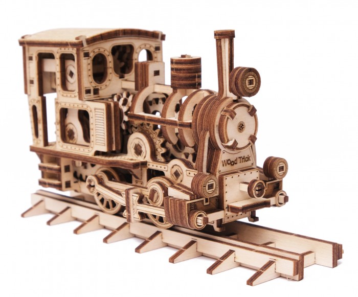 Wood Trick Механическая деревянная сборная модель Паровозик с рельсами