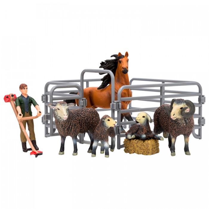 Игровые фигурки Masai Mara Игрушки фигурки На ферме (фермер, лошадь и семья овец ограждение-загон, инвентарь)