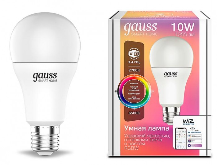 

Светильник Gauss Лампа Светодиодная Smart Home RGBW E27 A60 10 Вт 2700-6500K, Лампа Светодиодная Smart Home RGBW E27 A60 10 Вт 2700-6500K