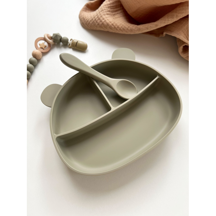 Croobie Секционная силиконовая тарелка на присоске Мишка с ложкой