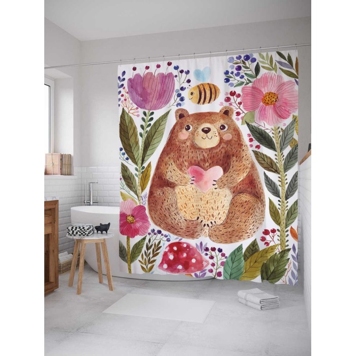 JoyArty Штора занавеска из сатена с крючками Добрый медведь в цветах 200х180 см 