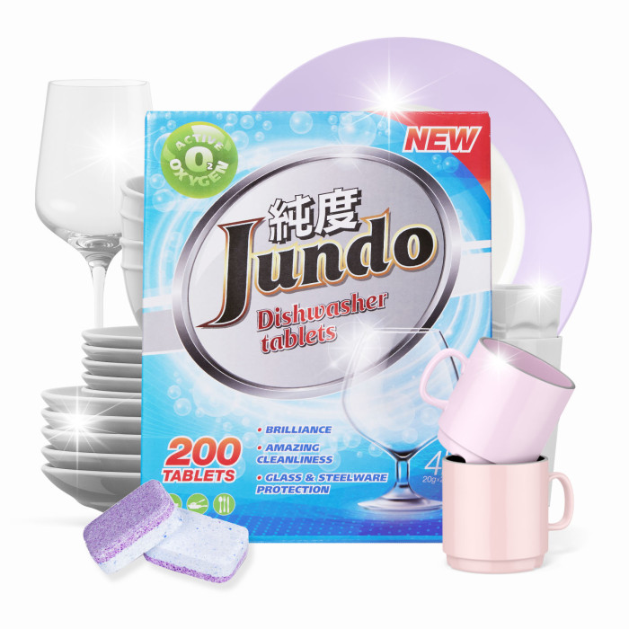 Бытовая химия Jundo Таблетки для безопасного мытья посуды в ПММ Active Oxygen 3 в 1, без запаха 200 шт.