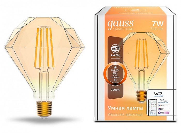 

Светильник Gauss Лампа светодиодная филаментная Smart Home DIM E27 Diamond Golden 7 Вт, Лампа светодиодная филаментная Smart Home DIM E27 Diamond Golden 7 Вт
