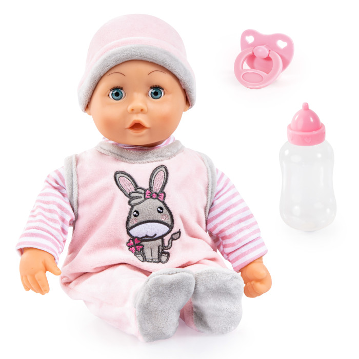 цена Куклы и одежда для кукол Bayer Малышка в костюмчике с вышивкой в виде ослика 38 см