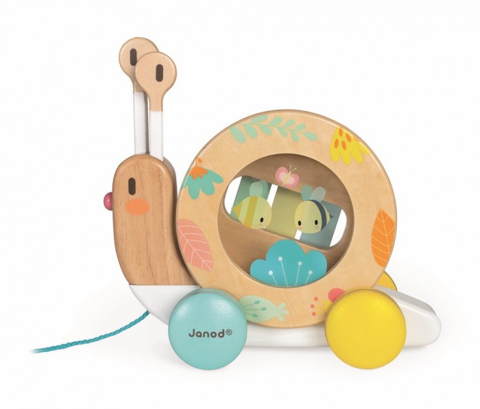 Каталка-игрушка Janod на веревочке Улитка с ксилофоном и барабаном