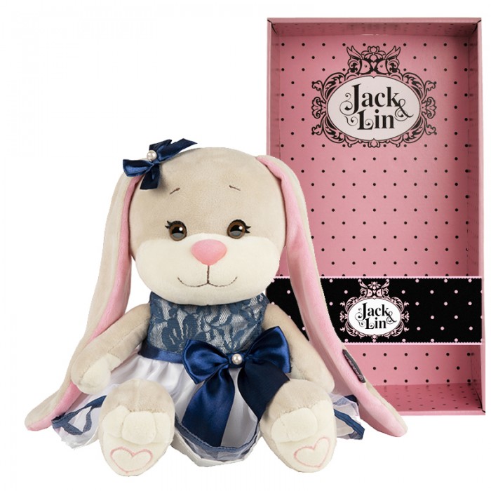 Мягкая игрушка Jack&Lin Зайка в сине-белом платье с бантом 25 см