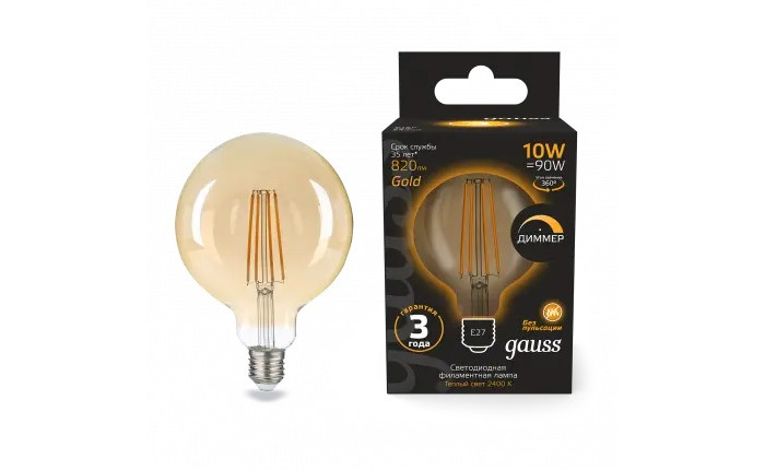 

Светильник Gauss Лампа Filament LED диммируемая golden Е27 G125 10W 820lm 2400К, Лампа Filament LED диммируемая golden Е27 G125 10W 820lm 2400К