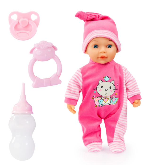 цена Куклы и одежда для кукол Bayer Малышка в костюмчике с вышивкой в виде котенка 38 см