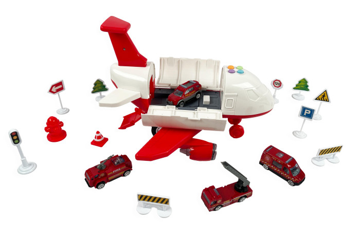Sharktoys Игровой набор Грузовой самолет с 4 пожарными машинками и дорожными знаками