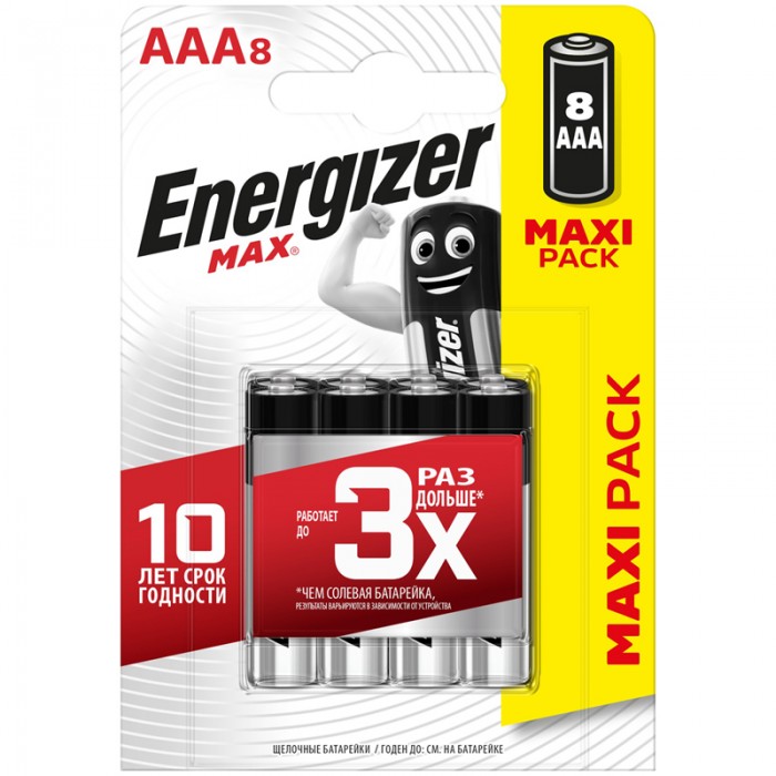 Батарейки, удлинители и переходники Energizer Батарейка Max AAA (LR03) алкалиновая 8BL