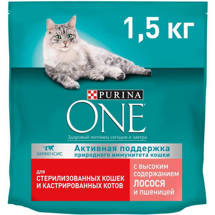Purina ONE Сухой корм для стерилизованных кошек и кастрированных котов  Лосось и пшеница 1.5 кг