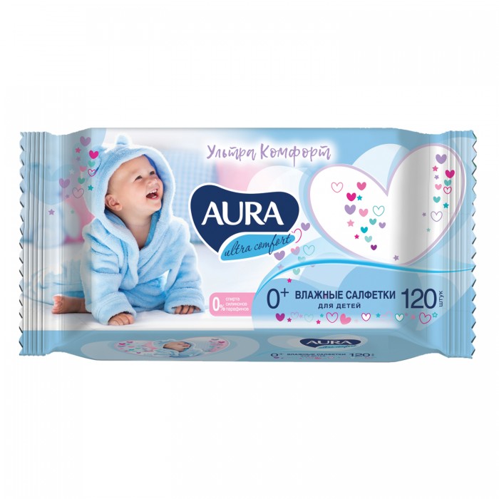  Aura Влажные салфетки для детей Ultra Comfort с экстрактом алоэ и витамином Е 120 шт.